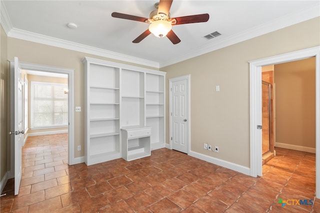 unfurnished bedroom featuring ceiling fan and ornamental molding