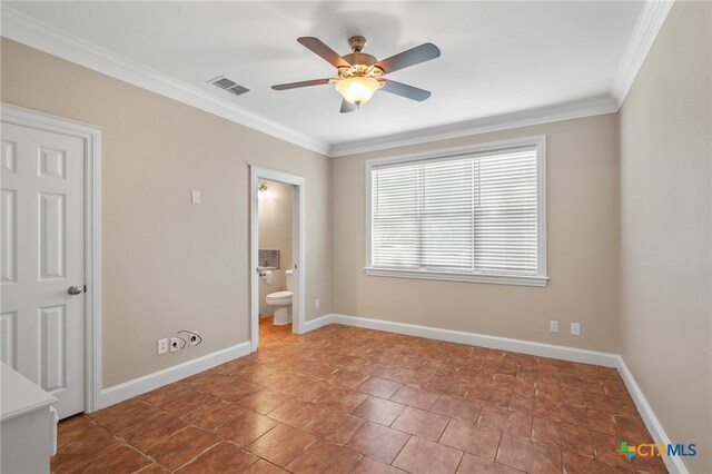 empty room with ceiling fan and ornamental molding