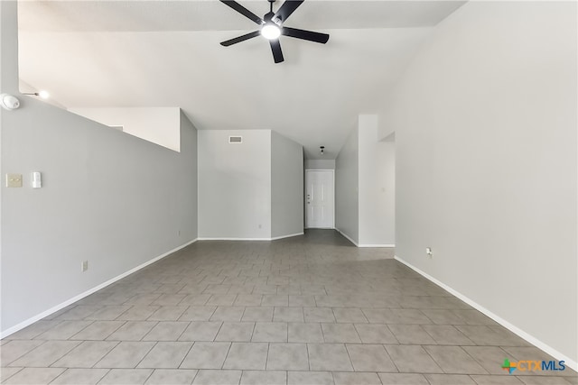 unfurnished living room with light tile patterned floors, ceiling fan, and lofted ceiling