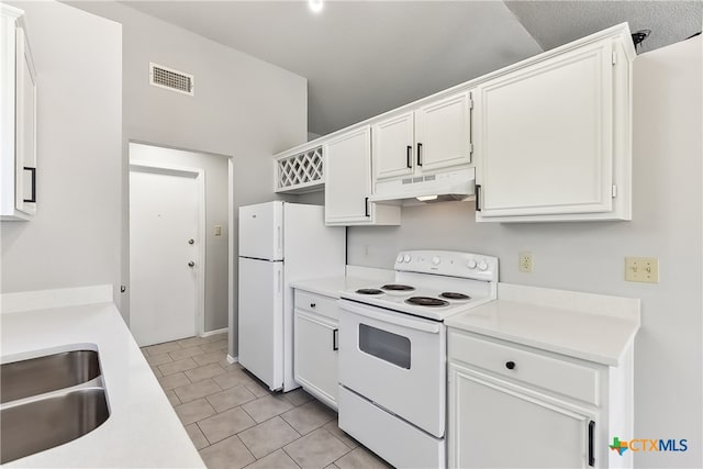 kitchen with white cabinetry, sink, and white appliances