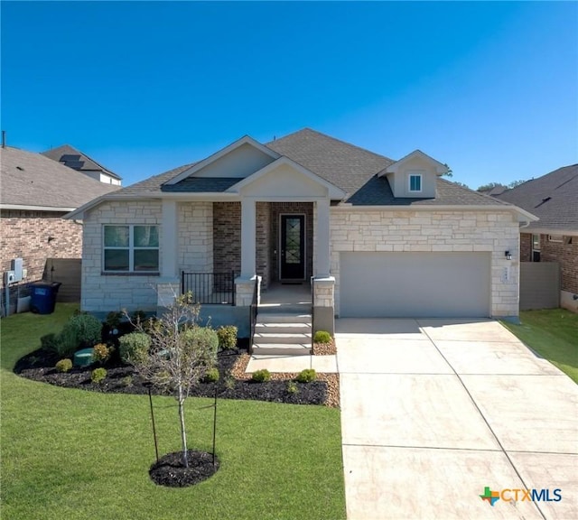 584 Tobacco Pass, New Braunfels, TX 78132 - ranch-style home featuring a front yard, driveway, stone siding, and a garage
