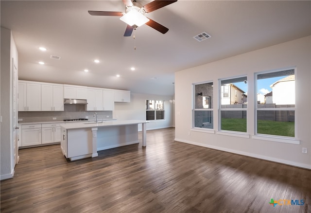 kitchen with white cabinetry, dark hardwood / wood-style floors, ceiling fan, and an island with sink