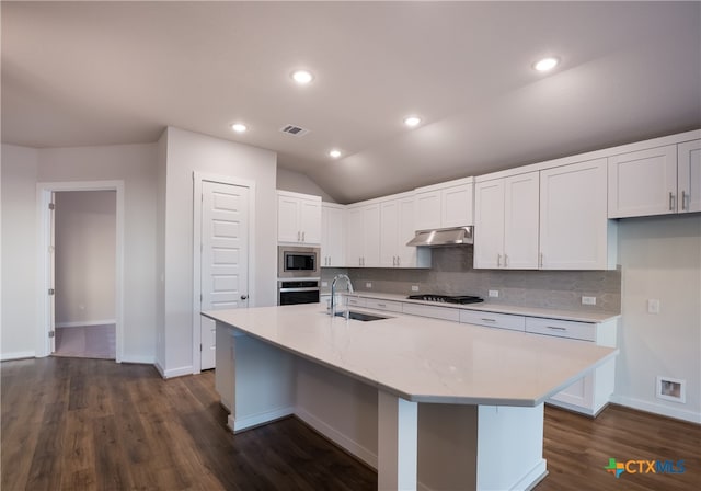 kitchen featuring stainless steel appliances, lofted ceiling, white cabinets, sink, and a kitchen island with sink