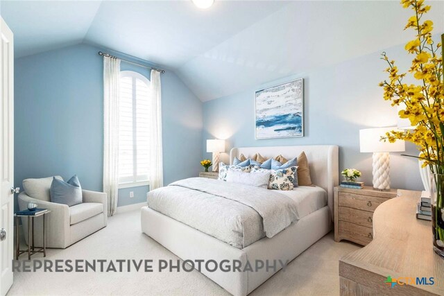 bedroom with lofted ceiling, carpet floors, and baseboards