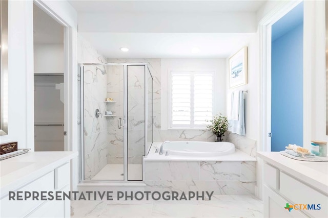 bathroom with a marble finish shower, vanity, a garden tub, marble finish flooring, and recessed lighting