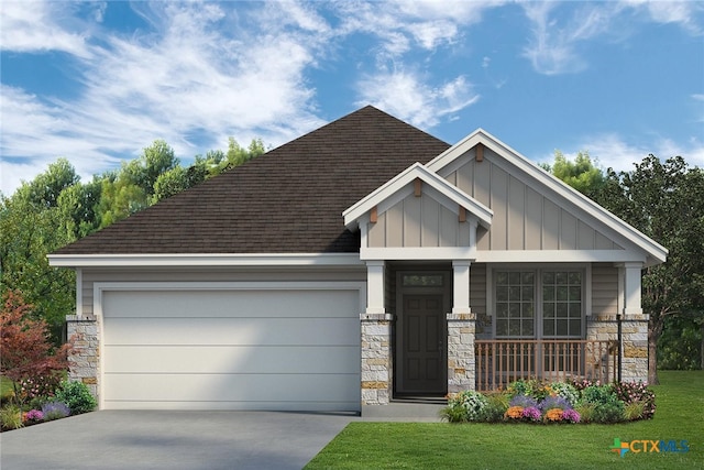 708 Seven Springs Dr, Temple, TX 76502 - view of front of home with an attached garage, stone siding, board and batten siding, driveway, and a front yard