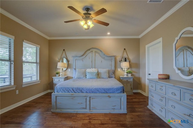 bedroom with a ceiling fan, visible vents, crown molding, baseboards, and dark wood-style floors