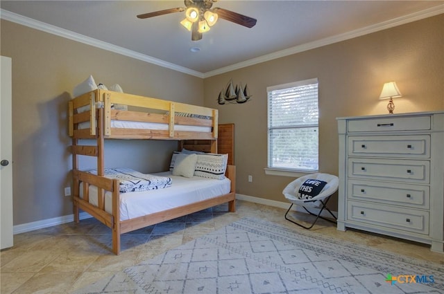 bedroom with crown molding, baseboards, and a ceiling fan