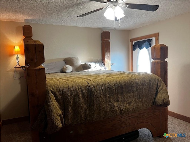 carpeted bedroom with baseboards, a textured ceiling, and ceiling fan