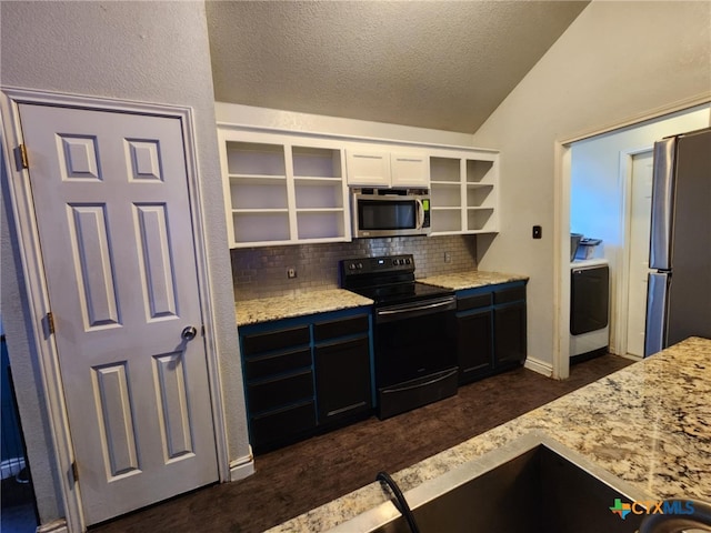2006 Indian Camp Trl, Copperas Cove, TX 76522 - kitchen with appliances with stainless steel finishes, open shelves, lofted ceiling, tasteful backsplash, and light stone countertops