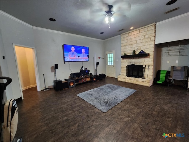 2006 Indian Camp Trl, Copperas Cove, TX 76522 - living area with crown molding, a ceiling fan, wood finished floors, and a fireplace