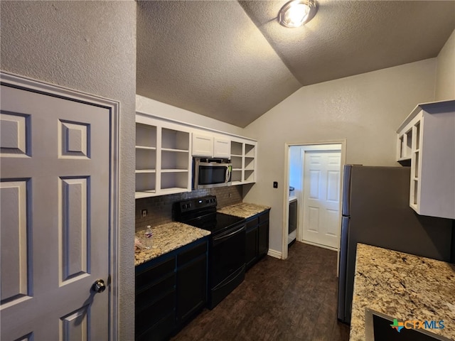 2006 Indian Camp Trl, Copperas Cove, TX 76522 - kitchen featuring stainless steel appliances, open shelves, lofted ceiling, white cabinets, and dark wood-type flooring