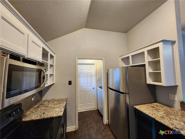 2006 Indian Camp Trl, Copperas Cove, TX 76522 - kitchen featuring stainless steel appliances, open shelves, vaulted ceiling, white cabinets, and a textured ceiling