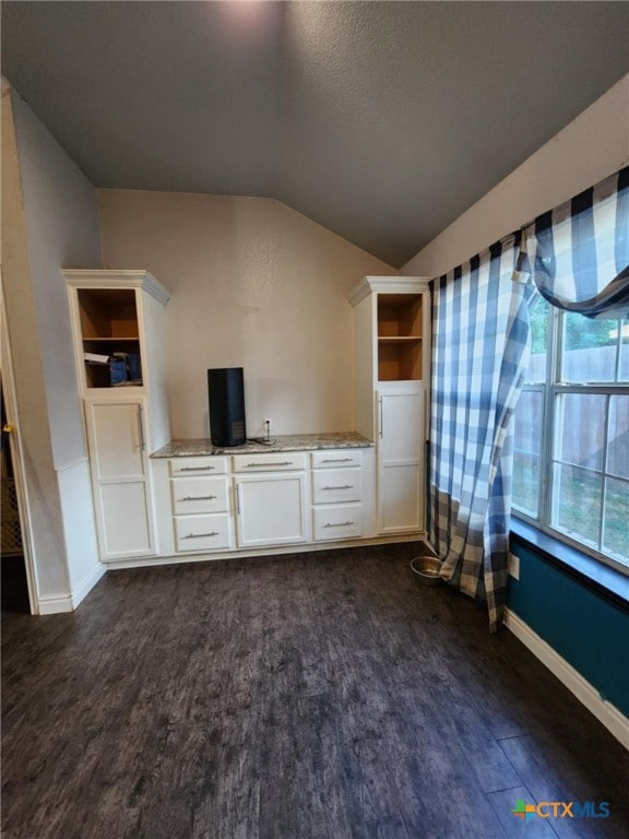2006 Indian Camp Trl, Copperas Cove, TX 76522 - unfurnished living room featuring dark wood-style flooring, vaulted ceiling, and a textured ceiling