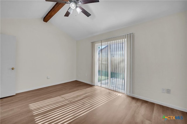 empty room featuring light hardwood / wood-style flooring, vaulted ceiling with beams, and ceiling fan