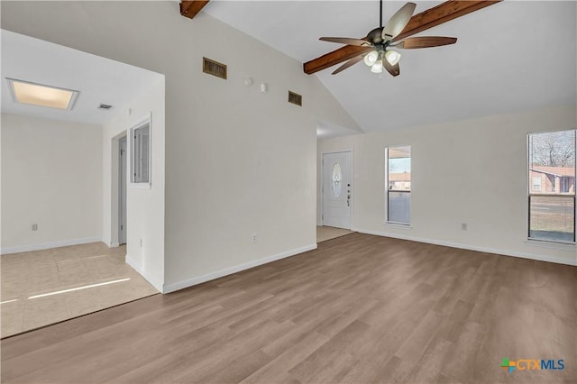 unfurnished living room featuring light hardwood / wood-style flooring, beamed ceiling, high vaulted ceiling, and ceiling fan