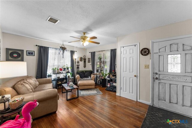 1802 Vine St, Georgetown, TX 78626 - living room featuring wood finished floors, ceiling fan, and a textured ceiling