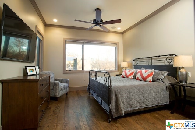 164 Cypress Way, Mcqueeney, TX 78123 - bedroom with ornamental molding, dark wood-type flooring, ceiling fan, and recessed lighting