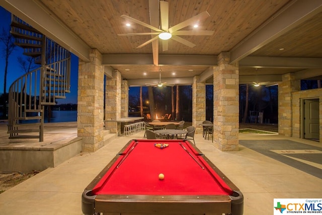 recreation room featuring wood ceiling, ornate columns, pool table, and beam ceiling