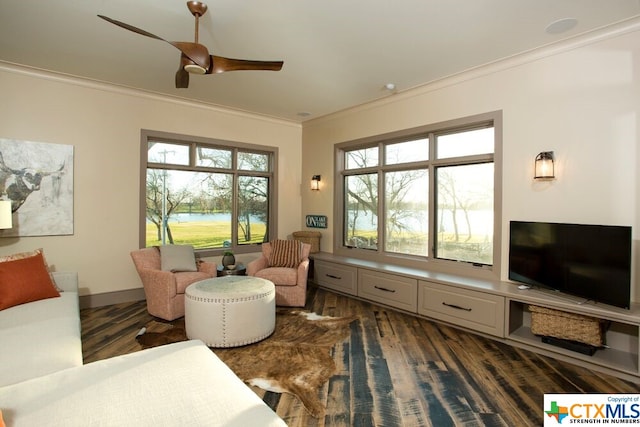 living area featuring ornamental molding, ceiling fan, and dark hardwood / wood-style floors