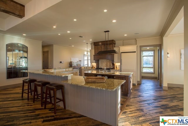 164 Cypress Way, Mcqueeney, TX 78123 - kitchen featuring a large island with sink, crown molding, recessed lighting, a kitchen bar, and dark wood finished floors