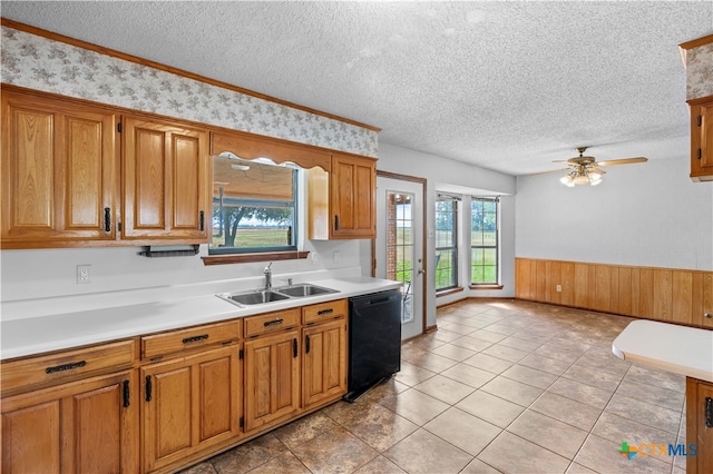 kitchen with dishwasher, a wealth of natural light, a textured ceiling, and sink