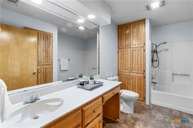 full bathroom with washtub / shower combination, toilet, and vanity