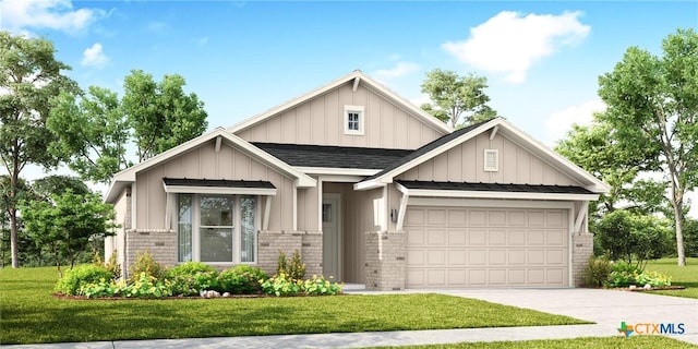 view of front of house with an attached garage, brick siding, concrete driveway, a front lawn, and board and batten siding