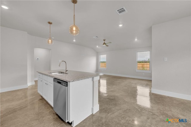 kitchen featuring a sink, dishwasher, visible vents, and concrete floors