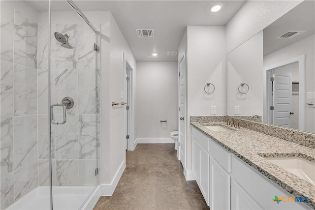 full bathroom featuring visible vents, concrete flooring, a stall shower, and a sink