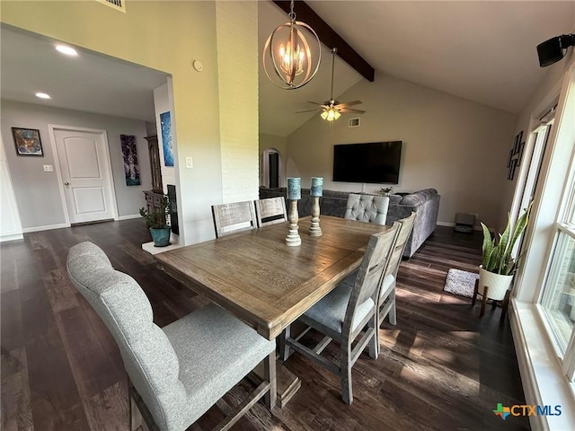 107 Savannah Dr, Victoria, TX 77904 - dining area featuring a chandelier, beam ceiling, ceiling fan, dark wood-type flooring, and recessed lighting