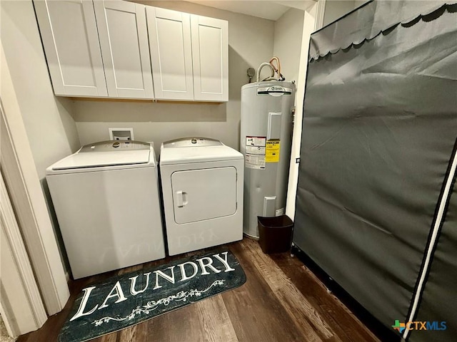107 Savannah Dr, Victoria, TX 77904 - laundry area featuring water heater, separate washer and dryer, cabinet space, and dark wood-style floors