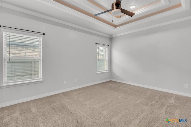 carpeted empty room featuring a raised ceiling, ceiling fan, and ornamental molding