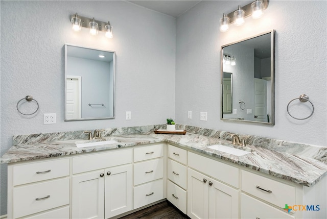 bathroom featuring vanity and hardwood / wood-style flooring