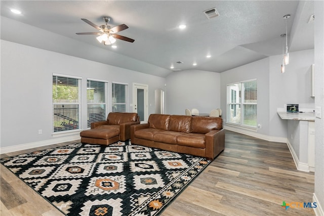 living room with light hardwood / wood-style floors, vaulted ceiling, and a healthy amount of sunlight