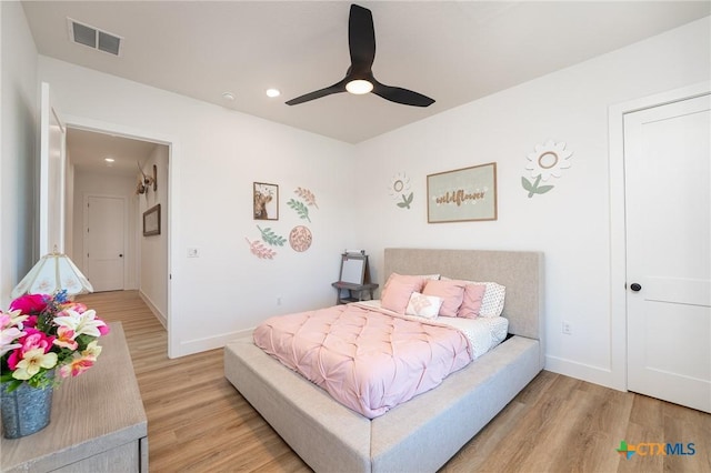 7817 W Fm 487, Florence, TX 76527 - bedroom with recessed lighting, baseboards, light wood finished floors, visible vents, and ceiling fan