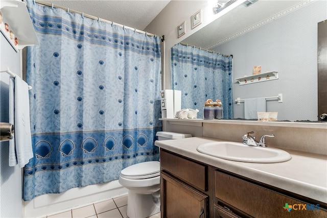 full bathroom with shower / tub combo with curtain, toilet, a textured ceiling, vanity, and tile patterned flooring