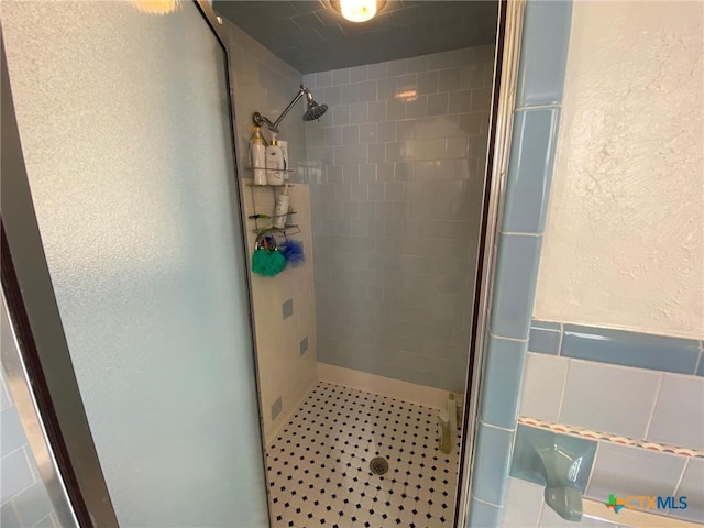 bathroom with a shower with shower door