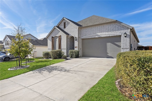 french country style house featuring an attached garage, brick siding, a shingled roof, concrete driveway, and a front lawn