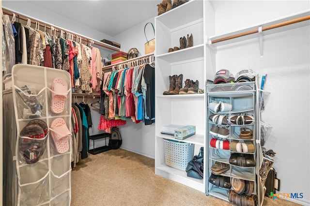 walk in closet with light colored carpet