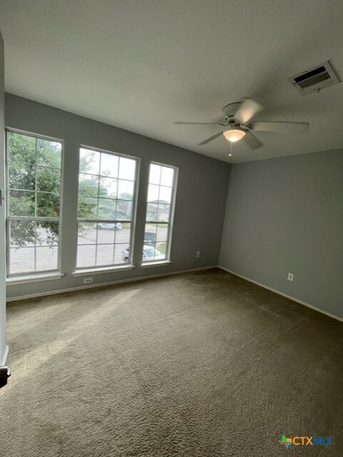 carpeted spare room featuring plenty of natural light, a ceiling fan, and visible vents