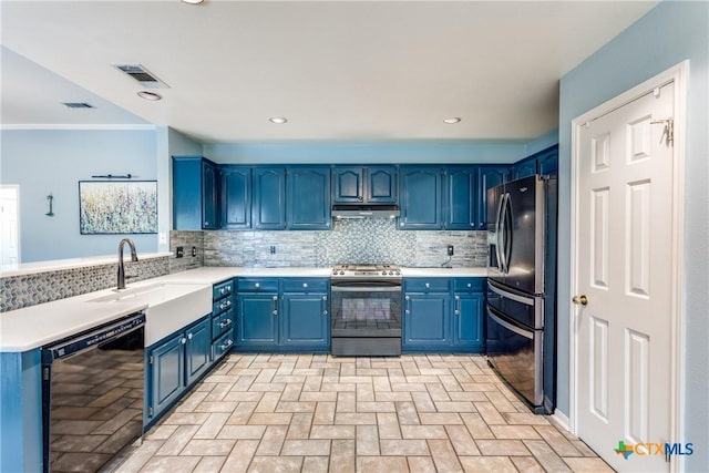 1812 Bowen Ave, Copperas Cove, TX 76522 - kitchen featuring stainless steel range with gas cooktop, refrigerator with ice dispenser, black dishwasher, blue cabinetry, and under cabinet range hood