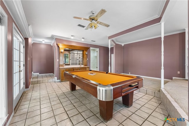 906 Illinois Ave, Killeen, TX 76541 - recreation room with light tile patterned floors, ceiling fan, baseboards, ornamental molding, and billiards table