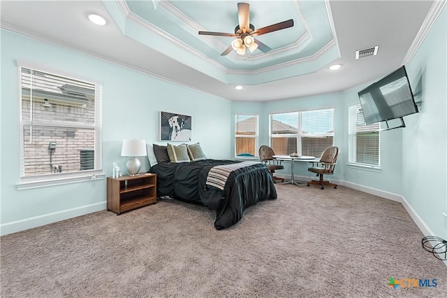 2655 Belle Hubbard Trl, Belton, TX 76513 - carpeted bedroom with crown molding, a tray ceiling, recessed lighting, and a ceiling fan