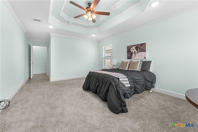 2655 Belle Hubbard Trl, Belton, TX 76513 - carpeted bedroom featuring ornamental molding, a tray ceiling, recessed lighting, and ceiling fan
