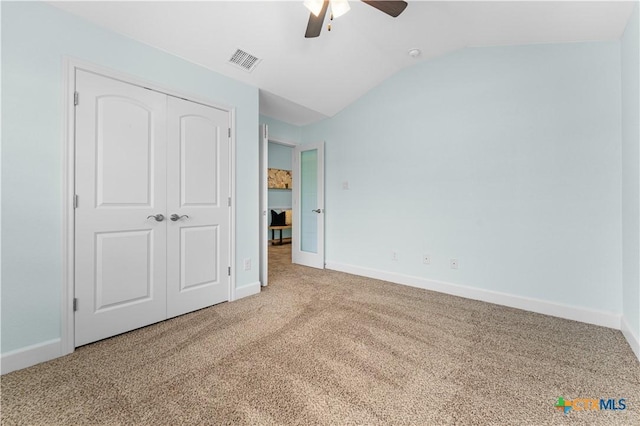 2655 Belle Hubbard Trl, Belton, TX 76513 - unfurnished bedroom featuring carpet flooring, vaulted ceiling, a closet, and ceiling fan