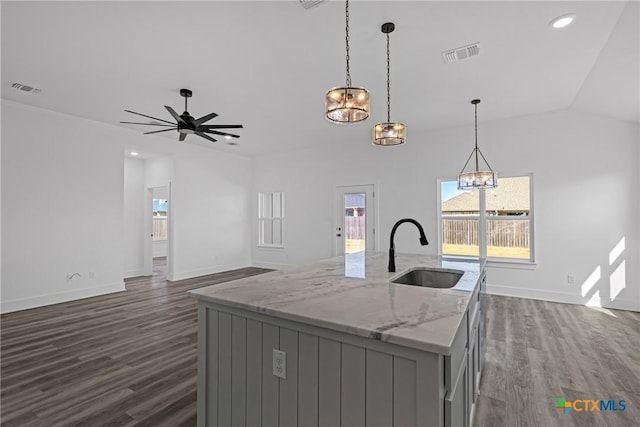 kitchen featuring dark hardwood / wood-style flooring, light stone counters, gray cabinetry, sink, and an island with sink