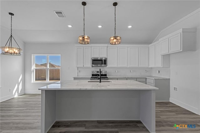 kitchen with appliances with stainless steel finishes, dark hardwood / wood-style flooring, light stone counters, white cabinetry, and an island with sink