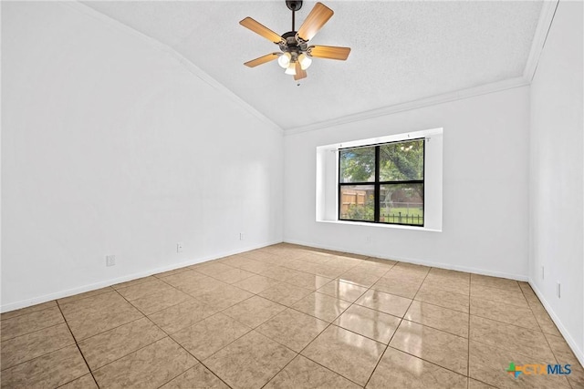 4818 Bramblewood Dr, Killeen, TX 76542 - tiled empty room featuring vaulted ceiling, crown molding, ceiling fan, and a textured ceiling