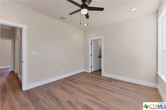 unfurnished bedroom featuring ceiling fan and light hardwood / wood-style floors